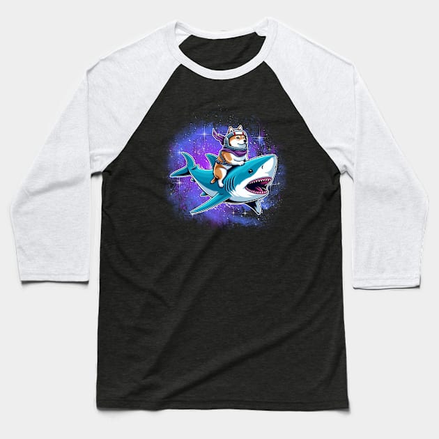 Corgi Riding Shark Jaw some Dog Lover Gifts Space Galaxy Baseball T-Shirt by cyryley